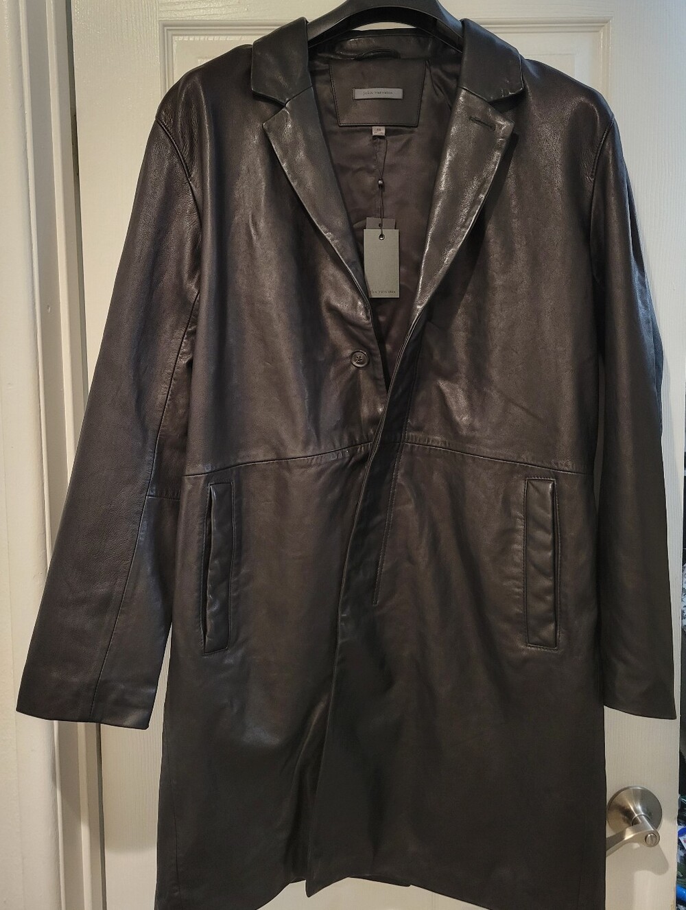 John Varvatos Black Leather Trench Coat